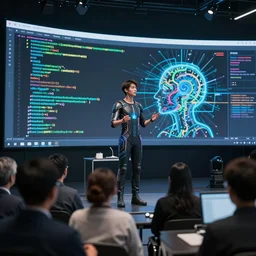 the very first powerful AGI being shown to the public with its code of life being broadcasted as open-source, 4k wide lenses photograph, depth of field, 3D