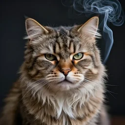 photographic portrait of a wrinkly sad max ernst fluffy cat, editorial, spiraling cigarette smoke