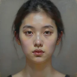 a close up portrait a very ordinary young woman with an blank expression, by sarah moon, very dark skin, very blurry, translucent skin, foggy, oil painting, photorealistic, anatomically correct, beautiful perfect face, visible brushstrokes, sharp focus, highly detailed, cinematic lighting, 8 k, hd