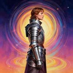 side profile portrait, medium shot, imogen poots paladin, armour, gloomhaven, colorful swirly magic ripples, retrowave style fantasy poster, by greg manchess, huang guangjian, lois van baarle, sachin teng, greg rutkowski, jesper ejsing, ilya kuvshinov