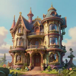fantasy wavy futuristic victorian atompunk mansion, surreal, detailed, sharp details, architectural accents, colourful paint, ( ( ( reflexions on windows ) ) ), volumetric lights, depth of field, octane render, photorealism, art by pixar, ghibli