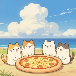 kyatto ninden teyandee, samurai pizza cats, warm azure tones, big clouds in the background, ocean