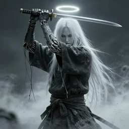 sci - fi samurai ghost, holding katana in his two hands over his head, wires hanging from kis limbs, moondust, halo, surrealism, hyperrealistic, 8 k octane render, unreal engine by craig mullins, yoji shinkawa