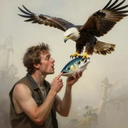 a surreal matte painting of a man talking a fish head as a eagle tries to steal it, in the style of esao andrews, mark ryden, digital painting, photorealistic, ornately detailed, unreal engine, extremely detailed masterpiece, illustration, trending on artstation