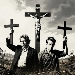 politicians holding catholic crosses, stencil art by shag, tom whalen, artgerm, clean bold lines