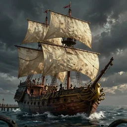 magical and mystical pirate galleon near to a pier, octane render, rembrandt, cgsociety, artstation trending, horror scene, highly detailded