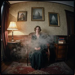kodak portra 4 0 0, wetplate, fisheye, award - winning portrait by britt marling, 1 9 2 0 s room, ghost, picture frames, dust, smoke, 1 9 2 0 s furniture, wallpaper, carpet, shining lamp, books, muted colours, wood, fog,
