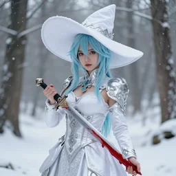 beautiful female with light pastel blue hair, holding a dagger dripping in vibrant red blood, wearing a white silver dress with intricate beautiful design, very wide brimmed pointed white hat with small intricate details around edge, snow forest, snow, particles, misty, highly detailed, detailed illustration, art by wlop and guweiz, artstation, deviantart, medium shot