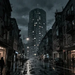 berlin street scene, at night, rain, dystopian brutalist architecture, dark light, ominous mood, high detail, limited colour palette, illustration, by sparth