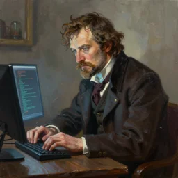 painting of leo tolstoy as hacker, leo tolstoy coding, leo tolstoy a hacker, trending on artstation, unreal engine, fantasy art
