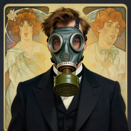 portrait of a vicotrian man in suit wearing a gas mask by darek zabrocki, alphonse mucha, simon stalenhag and cinematic and atmospheric, concept art, artstation, trending on artstation