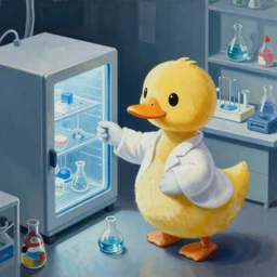 A mixed media painting of a genetically-modified scientist-duck working in a pcr and microbiology lab, by Frank Frazetta, Greg Rutkowski, Beeple, Studio Ghibli, kawaii, post-processing, low angle, masterpiece, cinematic, isometric, volumetric lighting