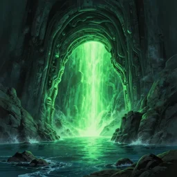 a scary glowing green scifi portal to another world in darwin's arch, ocean and rock landscape, science fiction, intricate, elegant, highly detailed, digital painting, artstation, concept art, matte, sharp focus, illustration, art by hayao miyazaki and hideo kojima