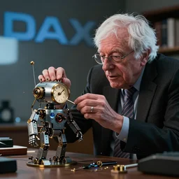 ( bernie sanders ) putting the finishing touches on a ( cute ) ( clockwork ) doomsday robot, cinematic moody lighting, sharp focus, imax