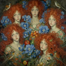 breathtaking detailed concept art painting blend of few red curly hair goddesses of light blue flowers by hsiao - ron cheng with anxious piercing eyes, vintage illustration pattern with bizarre compositions blend of flowers and fruits and birds by beto val and john james audubon, exquisite detail, extremely moody lighting, 8 k
