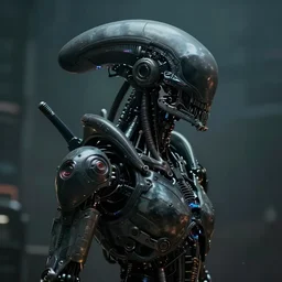 cyberpunk xenomorph seen from a distance, scifi character portrait by greg rutkowski, esuthio, craig mullins, 1 / 4 headshot, cinematic lighting, dystopian scifi gear, gloomy, profile picture, mechanical, half robot, implants, solarpunk