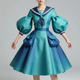 designer figure collection ball shaped accordion sleeve haute couture, sailor uniform, midi skirt, coat, synthetic curves striking pose, dynamic folds, cute huge pockets, volume flutter, youthful, modeled by modern designer bust, body fitted dart manipulation, award fashion, picton blue, teal gradient scheme, holographic tones, expert composition, professional retouch, editorial photography