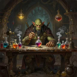 a super detailed painting of a male orc alchemist sitting at the lab table in a dimly lit medieval lab, medieval lab equipment, vibrant vials, vials with smoke coming out, art by artgerm, karol bak and mark brooks, centered, symmetrical, aesthetically pleasing, insane details, digital art, deviantart, artstation, ambient light