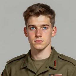 Young man with blue eyes and brown hair, wearing a military uniform, by Greg Rutkowski, matte painting, trending on artstation