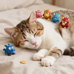 picture of a sleeping cat on a bed, highly detailed, clash royal style characters