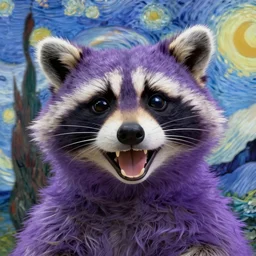 selfie  laughing purple space racoon by van Gogh style