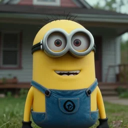 realistic photograph of a creepy evil minion, if it were a real person, accidentally caught on camera in a old house, in the 8 0's