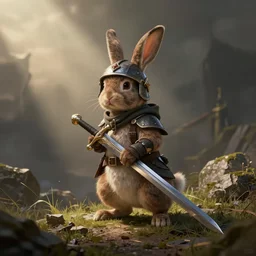 bunny with helmet and sword, fantasy art, matte painting