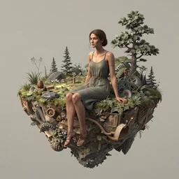 illustration of a woman sitting on the edge of a floating island, whimsical, detailed, three - dimensional light, complex details, ray tracing, great complexity, trending on artstation by james k. christensen and mandy jurgens