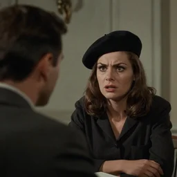 still from a masterpiece 1 9 6 0 s french art film, very beautiful and elegant girl in beret with large eyebrows with an angry expression while talking to a man, moody lighting, viewed from afar, cinematic shot, the movie is in color, communist aesthetic
