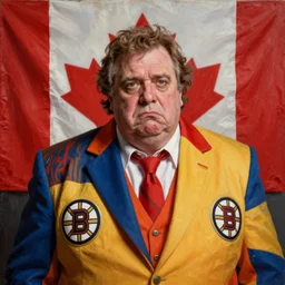 hyper realistic portrait of morbidly obese don cherry, studio photo still of sad old don cherry degenerate, comical colourful suit, hockey night on cbc, huge dirty canada flag in background, bruins logos, portrait dnd, painting by gaston bussiere, craig mullins, greg rutkowski, yoji shinkawa