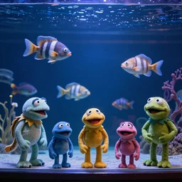 a cast of aquatic puppets based on real fish and aiming to bring awareness to ocean and oil pollution, in the style of muppets, in an aquarium, lighting and character design from spongebob the musical on broadway, real, photograph, cinematic