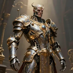 still frame from Prometheus movie by giger, undead king knight editorial by Malczewski, ornate war automaton construct by Peter Mohrbacher, biomechanical bone cyborg concept art