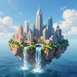 a metropolis built on a island floating above the sea in the sky, waterfalls fall from the island into the sea, by moebius, colorful, highly - detailed, concept art