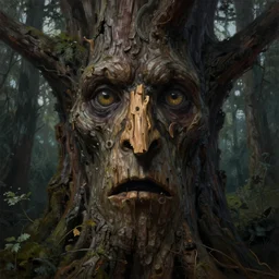 a talking oak tree, a face in the bark, nose made of wood, eyes in the bark, mouth in the bark, fantasy horror concept art, scary, digital painting, oil painting, hyperrealistic, treebeard, ent, highly detailed, dark and gloomy, very detailed eyes, artstation, cgsociety, in the forest, by alan lee, by artgerm