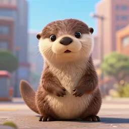 a cute anthropomorph otter, in the style of pixar animation, realistic, in a city