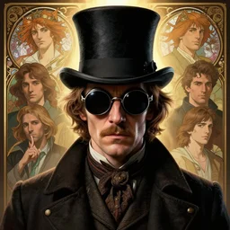 highly detailed portrait of jack the ripper wearing goggls and a top hat, stephen bliss, unreal engine, greg rutkowski, loish, rhads, beeple, makoto shinkai and lois van baarle, ilya kuvshinov, rossdraws, tom bagshaw, tom whalen, alphonse mucha, global illumination, god rays, detailed and intricate environment