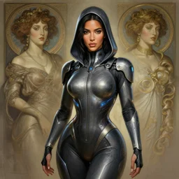 kim kardashian in futuristic leotard with hood, cyberpunk 2 0 7 7 character, expressive pose, intricate, elegant, highly detailed, digital painting, artstation, concept art, smooth, sharp focus, illustration, art by artgerm and greg rutkowski and alphonse mucha