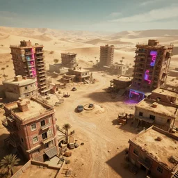 desert town, cyberpunk, dusty apartment blocks, head - height view, wide - angle lense, stylized, neon lights, 3 d render
