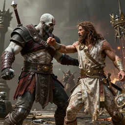 kratos and jesus fighting, unreal engine 5, high quality, screenshot