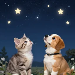 Kitten and puppy look up at the stars, by Gary Bunt