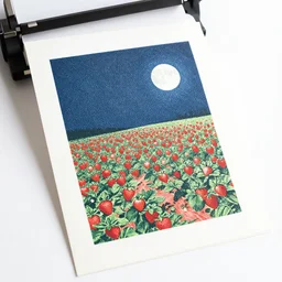 a risograph print of a strawberry field and a full moon