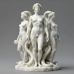 a statue made of white marble with gold veins, of snakes with bubblebutts, transhumanism, full body shot, perfect symmetrical body, perfect symmetrical face, hyper realistic, hyper detailed, by johannen voss, by peter kemp, by monia merlo, by michelangelo, by ernst haeckel, by alex grey, octane render, blender, 8 k