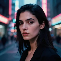 A hyper realistic and detailed head portrait photography of a black hair, slim female on a futuristic street. by Annie Leibovitz. Neo noir style. Cinematic. neon lights glow in the background. Cinestill 800T film. Lens flare. Helios 44m