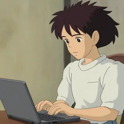 guy with shoulder length black hair using a laptop, tan skin, looking down, art by hayao miyazaki, studio ghibli film, twitter pfp