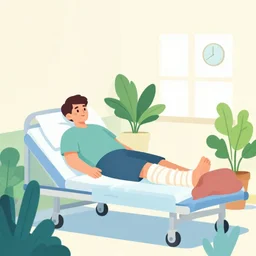 a man with a broken leg in a cast lies in a cozy hospital room with lots of vegetation and bright walls, flat design illustration, limited color palette