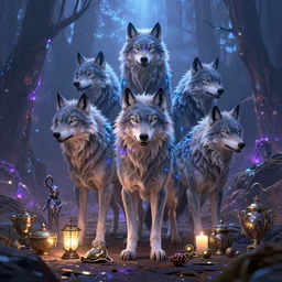 magic wolves and their treasures. cgsociety, fantasy illustration, magic and power of the wolf. ArtStation, unreal engine 5