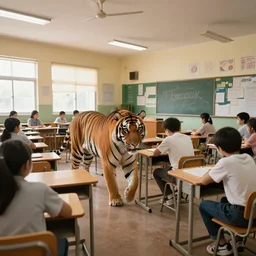 photo of a tiger inside a classroom, wide angle, highly - detailed realistic