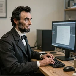 A modern day photo of Abraham Lincoln working as a computer technician, 2022