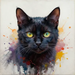 demonic cat portrait an oil painting splashes with many colors and shapes by gustav klimt greg rutkowski and alphonse mucha, polycount, generative art, psychedelic, fractalism, glitch art