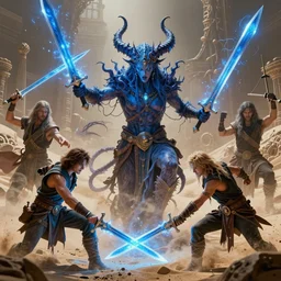 8 k headshot portrait actionshot of godlike demonic sand wraith from prince of persia by todd mcfarlane, killing with glowing blue blades and swords by craig mullins, ilya kuvshinov, krenz cushart, epic, artgerm trending on artstation by edward hopper and dan mumford and wlop and rutkovsky, beksinski carl spitzweg moebius and tuomas kocar, intricate artwork by caravaggio, unreal engine 5, lumen, nanite
